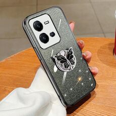 Per vivo V25 5G Custodia per telefono in TPU con supporto a farfalla con glitter sfumato placcato (nero)