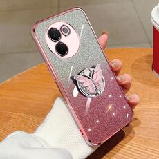 Custodia per telefono in TPU con supporto a farfalla con glitter sfumato placcato per vivo V30e (rosa)