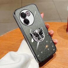 Per vivo V30e Custodia per telefono in TPU con supporto a farfalla con glitter sfumato placcato (nero)