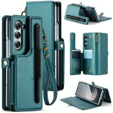Per Samsung Galaxy Z Fold6 5G CaseMe C22 PC+TPU Business Style RFID Antifurto Lanyard Custodia per telefono in pelle con slot per penna (blu verde)