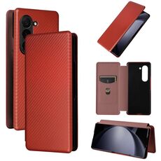 Custodia per cellulare in pelle flip con texture in fibra di carbonio per Samsung Galaxy Z Fold6 (marrone)
