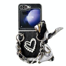 Per Samsung Galaxy Z Flip6 Custodia per cellulare a copertura totale con motivo quadrato a forma di cuore 3D con sciarpa/braccialetto (Nero)