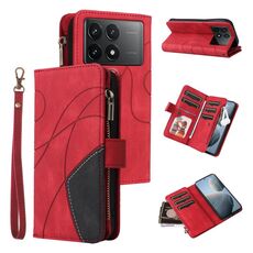Custodia per cellulare in pelle con portafoglio con cerniera bicolore per Redmi K70 con 9 slot per schede (rosso)