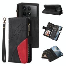 Custodia per cellulare in pelle con portafoglio con cerniera bicolore per Redmi K70 con 9 slot per schede (nera)