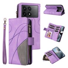 Custodia per telefono in pelle con cerniera a portafoglio bicolore per Redmi K70 con 9 slot per schede (viola)