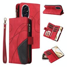 Custodia per telefono in pelle con cerniera a portafoglio con 9 slot per schede bicolore per Honor 200 (rosso)