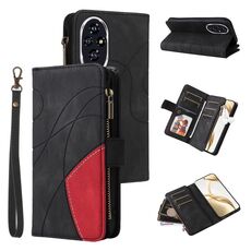 Custodia per telefono in pelle con cerniera a portafoglio con 9 slot per schede bicolore per Honor 200 (nera)