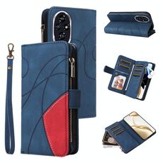 Per Honor 200 Custodia per telefono in pelle con cerniera e 9 scomparti per carte bicolore (blu)