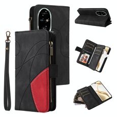 Custodia per telefono in pelle con cerniera a portafoglio con 9 slot per schede bicolore per Honor 200 Pro (nera)