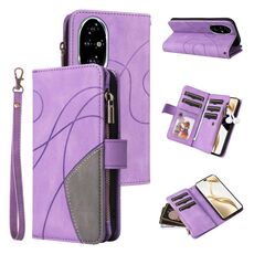 Custodia per telefono in pelle con cerniera a portafoglio con 9 slot per schede bicolore per Honor 200 Pro (viola)