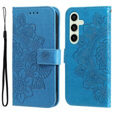 Per Samsung Galaxy S24 FE 5G Custodia per cellulare in pelle con fiori a sette petali (blu)
