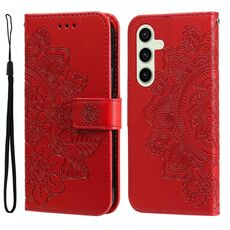 Custodia per telefono in pelle con stampa a sette petali di fiori per Samsung Galaxy S24 FE 5G (rossa)