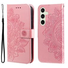 Per Samsung Galaxy S24 FE 5G Custodia in pelle con stampa a fiori a sette petali (oro rosa)