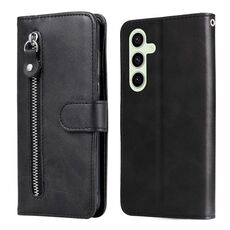 Per Samsung Galaxy S24 FE 5G Custodia per telefono in pelle con cerniera e texture di vitello alla moda (nero)