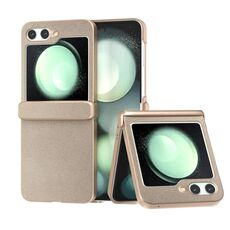 Per Samsung Galaxy Z Flip6 Custodia per telefono a copertura totale in pelle PU con sensazione di pelle in tre parti (Oro)