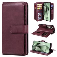 Per Samsung Galaxy S24 FE 5G Portafoglio multifunzione 10 slot per carte Custodia in pelle per telefono (Claret)