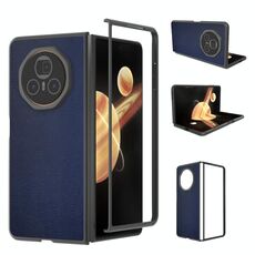 Custodia per telefono a copertura totale con telaio nero in pelle PU per Honor Magic V3 (blu scuro)