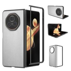 Custodia per telefono a copertura totale in pelle PU per Honor Magic V3 con cornice nera (argento)