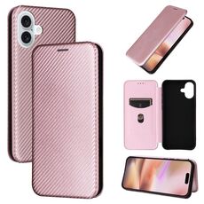 Custodia per cellulare in pelle flip con texture in fibra di carbonio per iPhone 16 Plus (rosa)