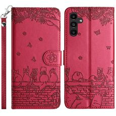 Custodia per telefono in pelle con motivo gatto in rilievo per Samsung Galaxy S24 FE 5G con cordino (rosso)