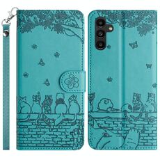 Custodia per telefono in pelle con motivo gatto in rilievo per Samsung Galaxy S24 FE 5G con cordino (blu)