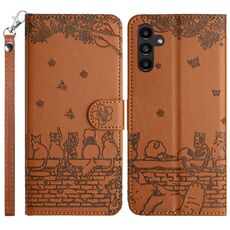 Per Samsung Galaxy S24 FE 5G Custodia in pelle con motivo gatto in rilievo con cordino (marrone)