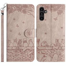 Custodia per telefono in pelle con motivo gatto in rilievo per Samsung Galaxy S24 FE 5G con cordino (grigio)