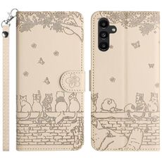 Per Samsung Galaxy S24 FE 5G Custodia in pelle con motivo in rilievo di gatto e cordino (beige)