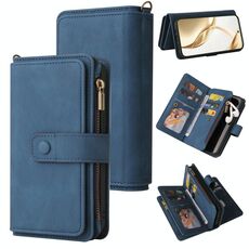 Custodia in pelle con cerniera e portafoglio multi-slot per carte di credito per Honor 200 (blu)