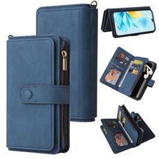 Custodia per telefono in pelle con cerniera e multi-slot per carte di credito per Honor 200 Lite Global Skin Feel (blu)