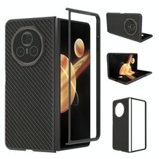 Custodia per telefono in PU con trama in fibra di carbonio per Honor Magic V3 con cornice nera (nera)