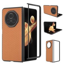 Custodia per telefono in PU con trama in fibra di carbonio e cornice nera per Honor Magic V3 (marrone)