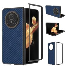 Custodia per telefono in PU con trama in fibra di carbonio e cornice nera per Honor Magic V3 (blu)