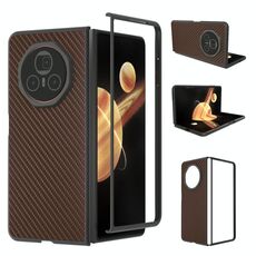 Custodia per telefono in PU con trama in fibra di carbonio e cornice nera per Honor Magic V3 (caffè)