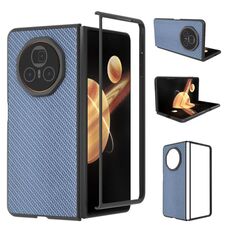 Custodia per telefono in PU con trama in fibra di carbonio per Honor Magic V3 con cornice nera (blu cielo)