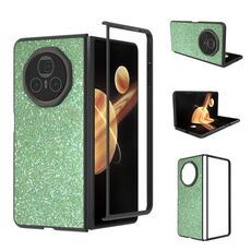 Custodia per telefono con glitter colorati per Honor Magic V3 con cornice nera (verde scuro)
