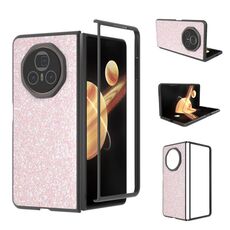 Custodia per telefono con glitter colorati per Honor Magic V3 con cornice nera (rosa)