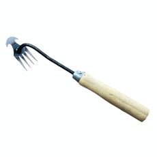 Strumento per la rimozione delle erbacce a doppio scopo a quattro denti, rastrello per giardinaggio, sradicamento delle erbacce, lunghezza: 29 cm, manico in legno