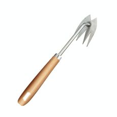 Strumento per la rimozione delle erbacce a doppio scopo a quattro denti, rastrello per giardinaggio, sradicamento delle erbacce, lunghezza: 29 cm, manico in legno con testa a V