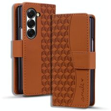 Per Samsung Galaxy Z Fold6 Custodia in pelle con fibbia a diamante e cordino (marrone)