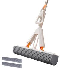 Scopa pieghevole con asta telescopica assorbente per l'acqua domestica, scopa pieghevole a mani libere pigra, stile: 28 cm + 2 teste di cotone