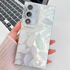 Per Samsung Galaxy S24 FE 5G Custodia per telefono in TPU con texture glitterata e pellicola per lenti (piume bianche)