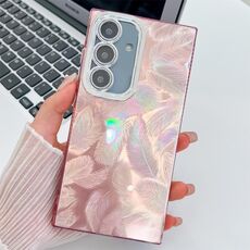 Per Samsung Galaxy S24 FE 5G Custodia per telefono in TPU con texture glitterata e pellicola per lenti (piume rosa)