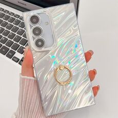 Per Samsung Galaxy S24 FE 5G placcatura glitter texture anello supporto custodia per telefono in TPU con pellicola per lenti (increspature acqua bianca)