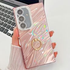 Per Samsung Galaxy S24 FE 5G placcatura glitter texture anello supporto custodia per telefono in TPU con pellicola per lenti (increspature dell'acqua rosa)