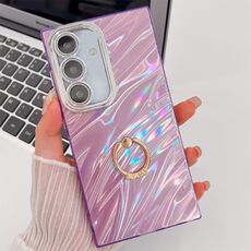 Per Samsung Galaxy S24 FE 5G placcatura glitter texture anello supporto custodia per telefono in TPU con pellicola per lenti (increspature dell'acqua viola)