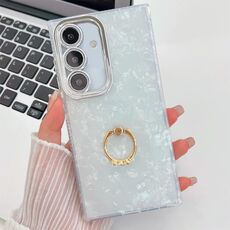 Per Samsung Galaxy S24 FE 5G Custodia per telefono in TPU con supporto ad anello con texture glitterata e pellicola per lenti (modello a conchiglia bianca)
