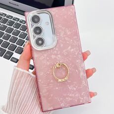 Per Samsung Galaxy S24 FE 5G Custodia per telefono in TPU con supporto ad anello con texture glitterata e pellicola per lenti (modello a conchiglia rosa)