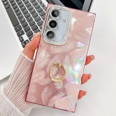 Per Samsung Galaxy S24 FE 5G placcatura glitter texture anello supporto custodia per telefono in TPU con pellicola per lenti (piume rosa)