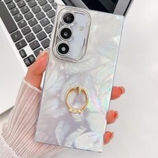 Per Samsung Galaxy S24 FE 5G placcatura glitter texture anello supporto custodia per telefono in TPU con pellicola per lenti (piume bianche)